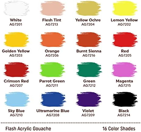 סט צבע גואש אקרילי פלאש | גימור אולטרה מאט | 16 צבעים | 25 מל, 0.8 fl oz כל אחד | פיגמנטים עשירים, צבעים תוססים